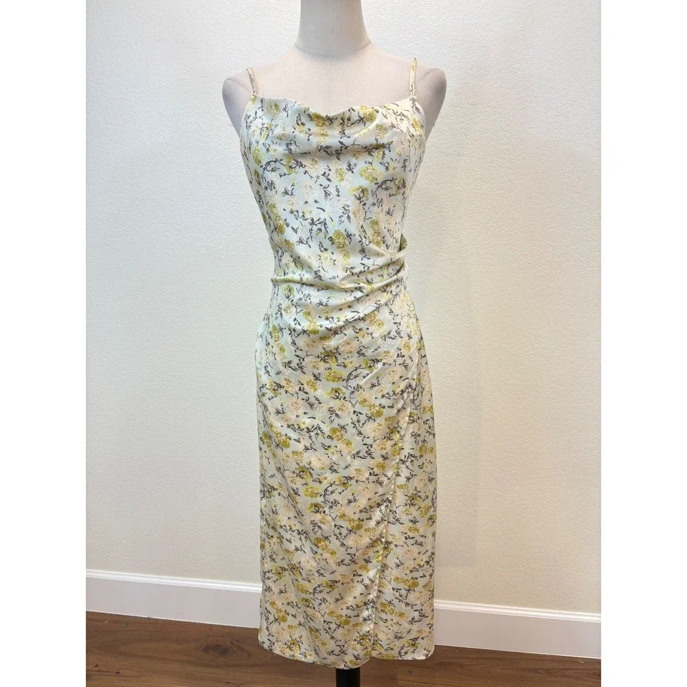 Molly Green Faux Wrap Dress S Yellow  Satin Floral Cowl Midi Wedding Coquette